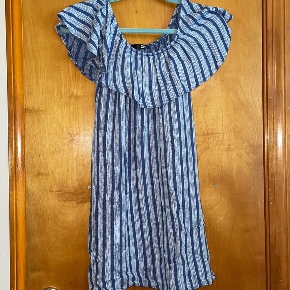 Blue striped mini dress with elastic neck